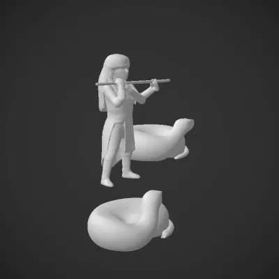 Woman playing flute, snake, magical key. complex geometry, character.