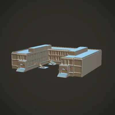 Modern multi-story office building. sharp edges, complex geometry, symmetric geometry.