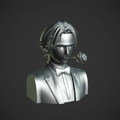 Man in black suit with rose in mouth. sharp edges, complex geometry, character.