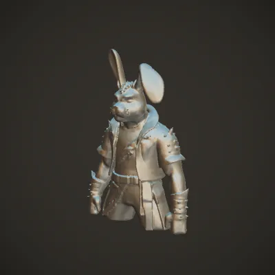 Anthropomorphic rabbit in punk attire. complex geometry, sharp edges, game-ready, character.