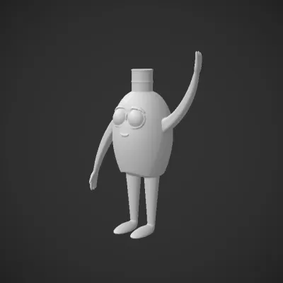 Cartoon water bottle character waving. smooth edges, simple geometry, character.