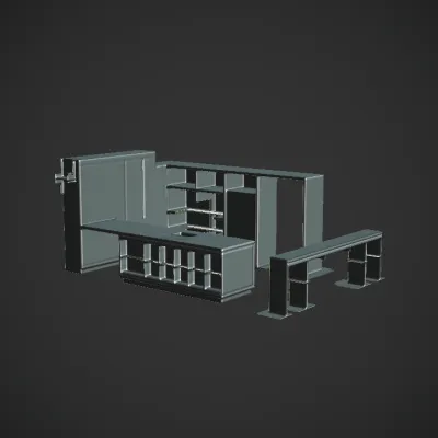 Modern kitchen with shelves and counter. sharp edges, complex geometry.