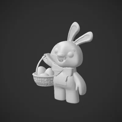 Cartoon bunny holding Easter basket. smooth edges, simple geometry, game-ready, character.