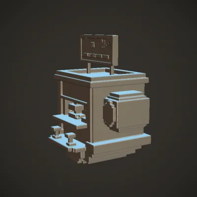 Voxel-style cafe building with neon sign. sharp edges, simple geometry, game-ready, symmetric geometry.