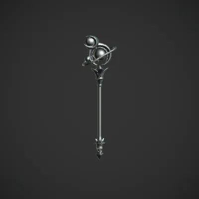 ornate magical staff with planetary motifs. sharp edges, complex geometry, game-ready, symmetric geometry.