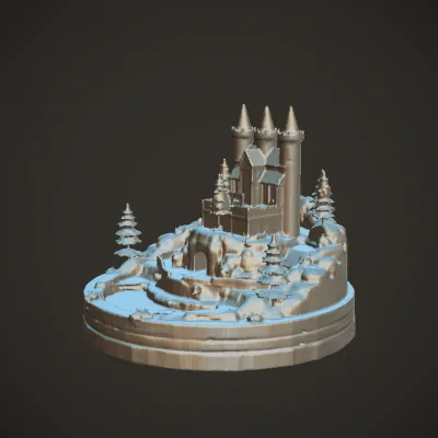 Fantasy castle diorama with gardens and waterfall. complex geometry, sharp edges, smooth edges.