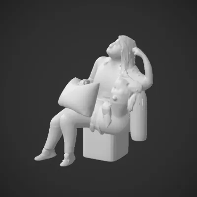 woman sitting with a dog and pillow. complex geometry, smooth edges, character.
