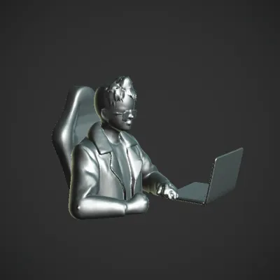 Person sitting at desk with laptop. complex geometry, character.
