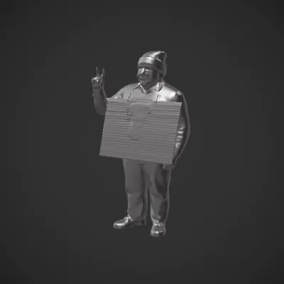 person with a blank signboard. complex geometry, character.