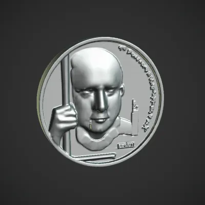 A commemorative coin with a person engraved. sharp edges, complex geometry, character.