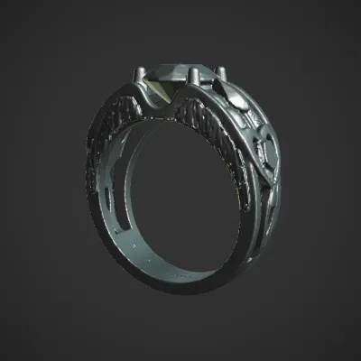 A black ring with purple and white gemstones. sharp edges, complex geometry, symmetric geometry.