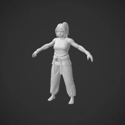 female martial artist in black uniform. smooth edges, complex geometry, character, symmetric geometry.