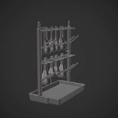 Laboratory glassware drying rack with flasks. sharp edges, simple geometry, game-ready, symmetric geometry.
