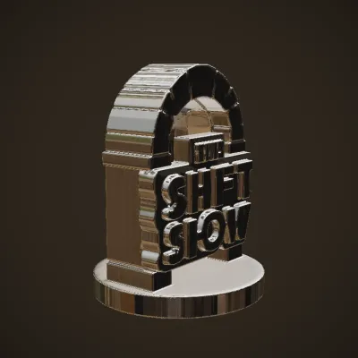 Logo sculpture with arch and text 'THE SHIFT SHOW'. sharp edges, simple geometry, symmetric geometry.