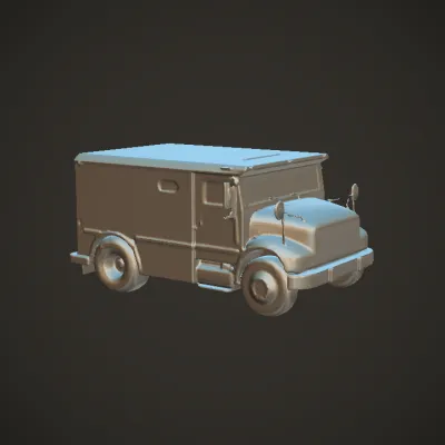 Large white utility truck in parking lot. sharp edges, complex geometry, symmetric geometry.