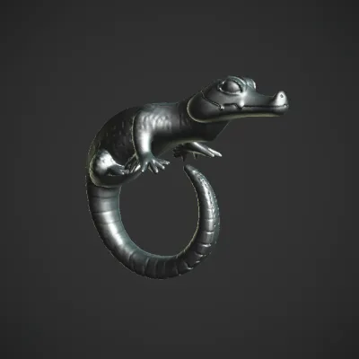 Crocodile-shaped luxury ring with jewels. sharp edges, complex geometry, game-ready.
