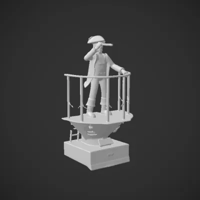 Statue of a man with hat and telescope. sharp edges, complex geometry, character.