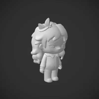 Pink-haired doll with blue outfit. smooth edges, simple geometry, game-ready, character, symmetric geometry.