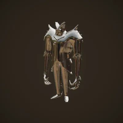 Stylized villainous humanoid character. sharp edges, complex geometry, character, symmetric geometry.