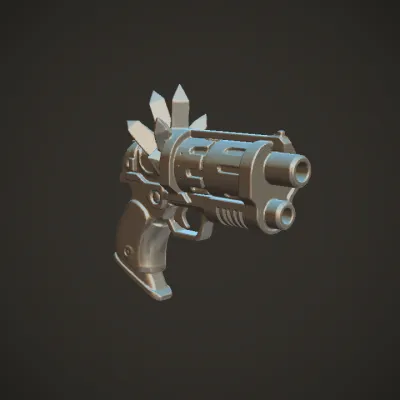 Futuristic crystal-powered revolver gun. sharp edges, smooth edges, complex geometry, game-ready, symmetric geometry.