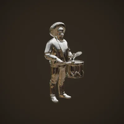 Person holding and playing a drum. simple geometry, smooth edges, character.