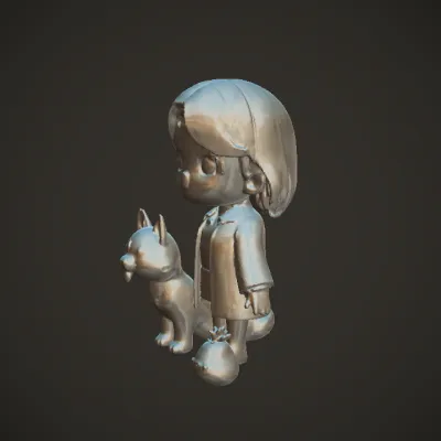 Woman figurine with husky and pineapple mascot. smooth edges, simple geometry, game-ready, character.