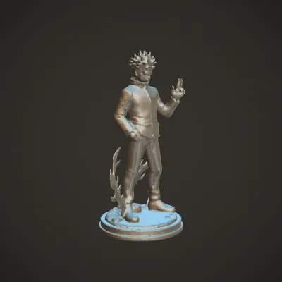 Anime character standing with blue flames. complex geometry, sharp edges, character.