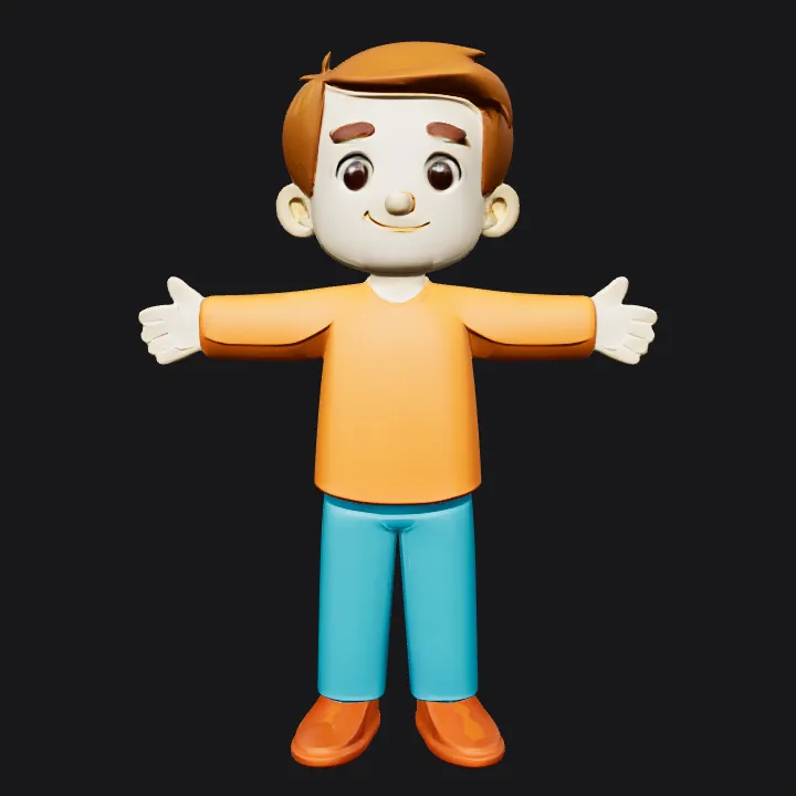 Cartoon boy standing with arms outstretched. smooth edges, simple geometry, game-ready, character, symmetric geometry.