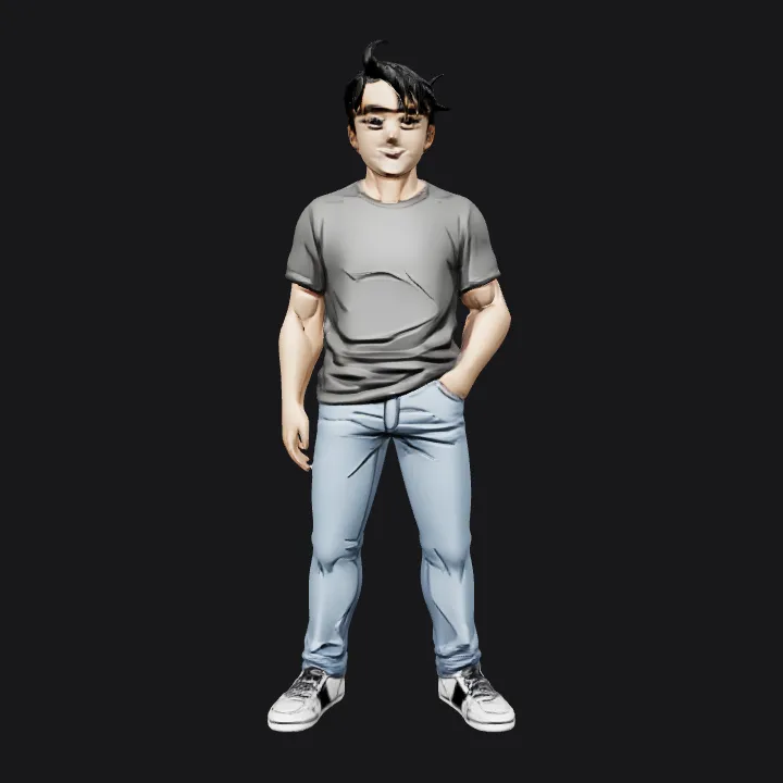 Casual man standing with hand in pocket. smooth edges, simple geometry, character.