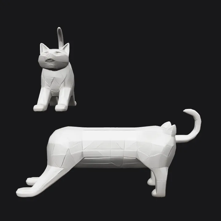 Low-poly stretching cat sculpture. sharp edges, simple geometry, game-ready, character.