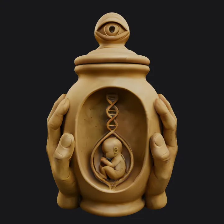 Hand-shaped jar with lid. smooth edges, complex geometry.