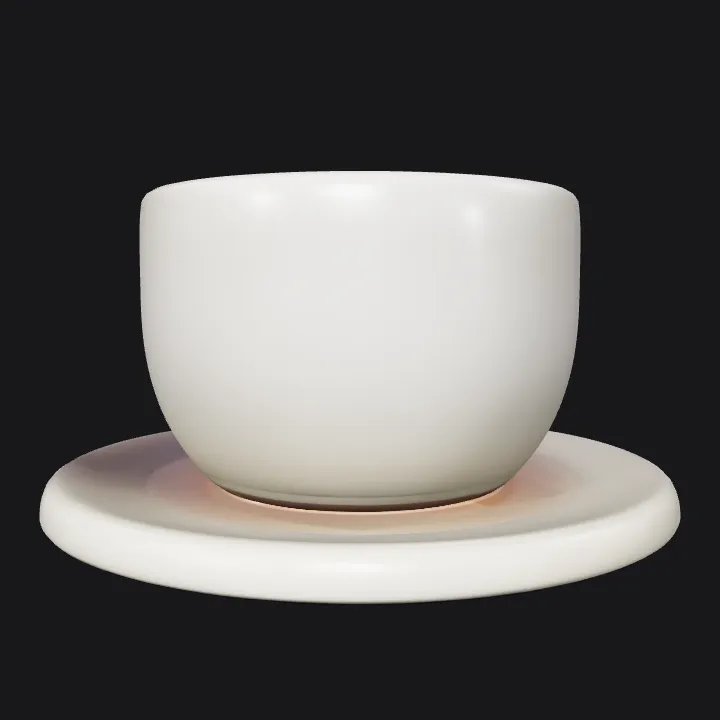White ceramic coffee cup on saucer. smooth edges, simple geometry, game-ready.