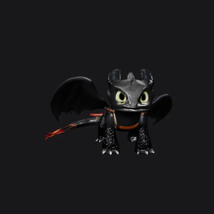 Animated black dragon with big green eyes. smooth edges, complex geometry, game-ready, character.