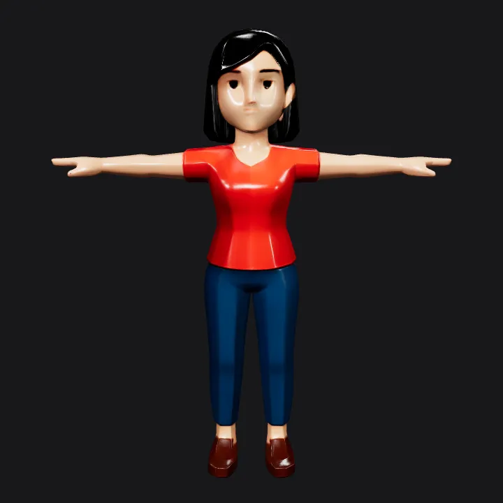 Woman in red shirt with T-pose. sharp edges, simple geometry, game-ready, character, symmetric geometry.