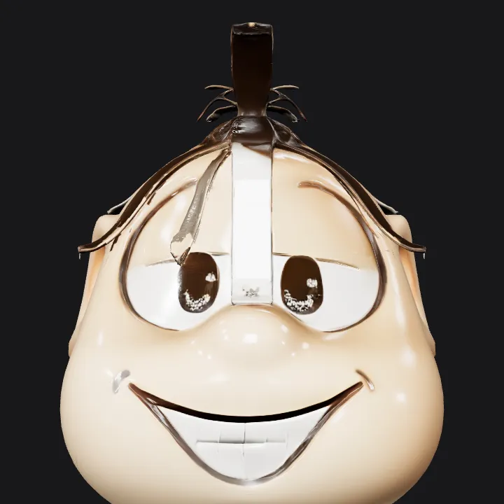 Plastic toy head with black hair. smooth edges, simple geometry, character.