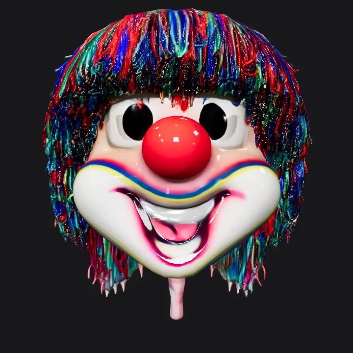 Colorful clown head with yarn hair. smooth edges, complex geometry, character, symmetric geometry.
