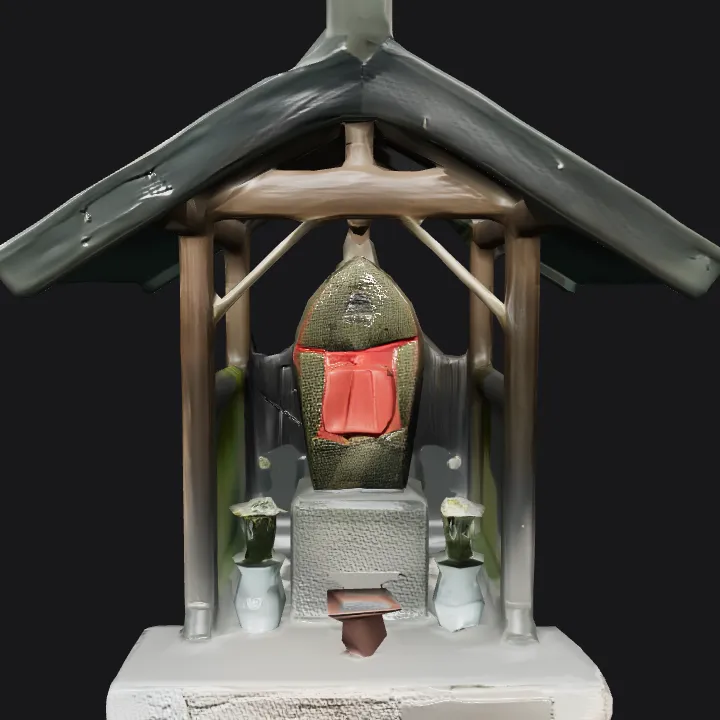 A small stone shrine with statue. smooth edges, simple geometry, character, symmetric geometry.