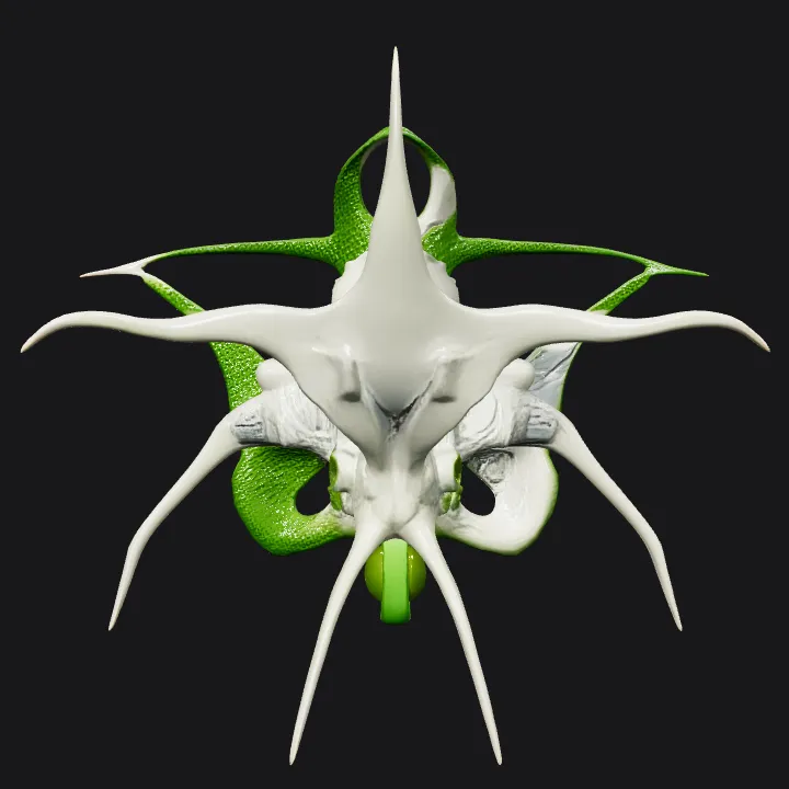 Alien spiky organism on mossy surface. sharp edges, complex geometry.