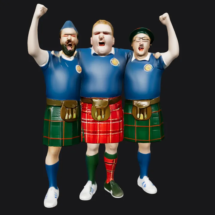 Three men in Scottish kilts. smooth edges, complex geometry, character.