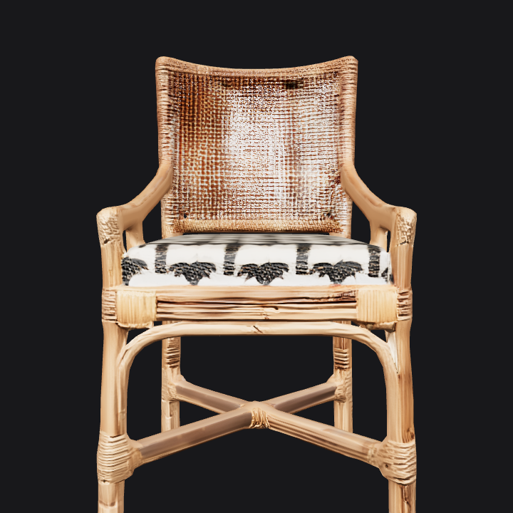 Woven wooden chair with patterned seat. sharp edges, simple geometry, symmetric geometry.