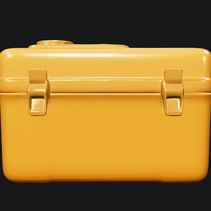 Orange box with camera-like lens. smooth edges, simple geometry, symmetric geometry.