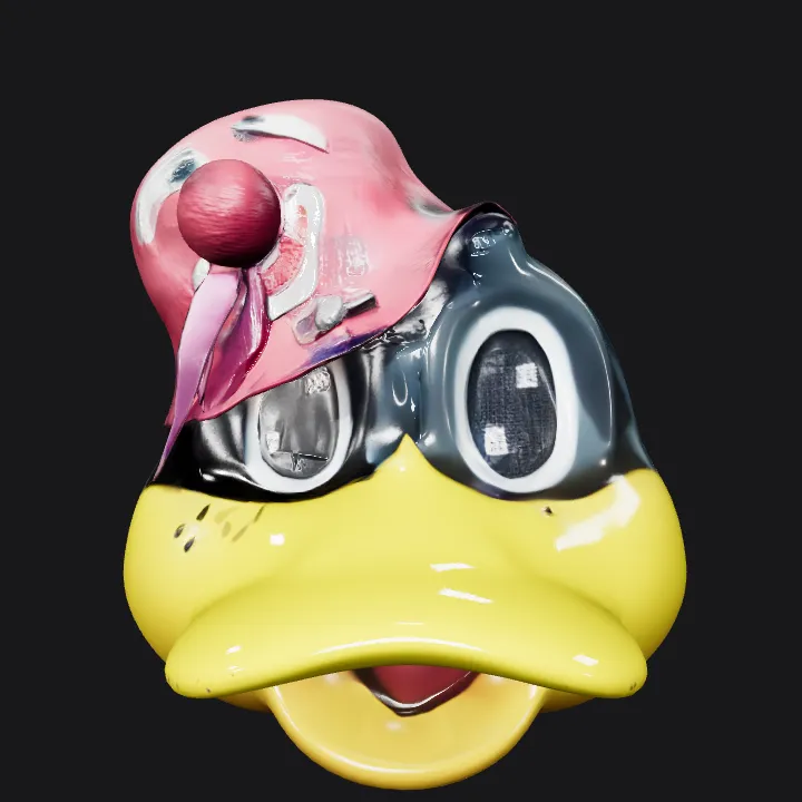 Cartoonish bird-like figurine with a hat. smooth edges, simple geometry, character.