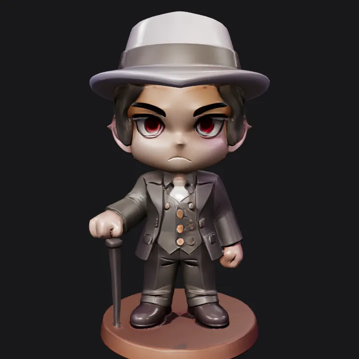 chibi-style figure in suit and hat. smooth edges, simple geometry, character.