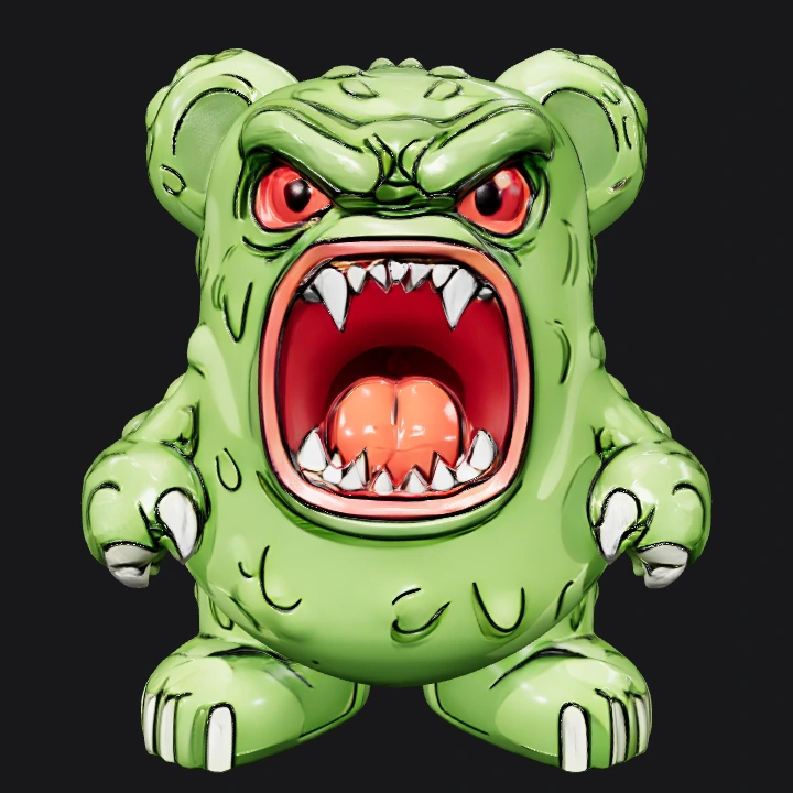 Angry green monster cartoon character. smooth edges, simple geometry, game-ready, character, symmetric geometry.
