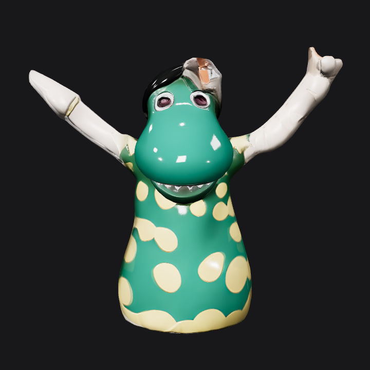 Green polka-dotted character with long arms. smooth edges, simple geometry, character, symmetric geometry.