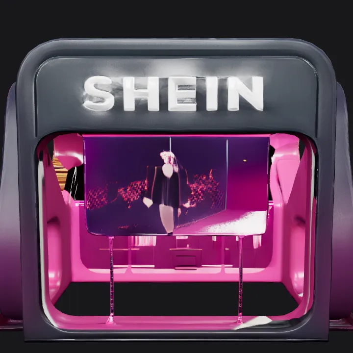 Futuristic SHEIN store building with zipper design. sharp edges, complex geometry, symmetric geometry.