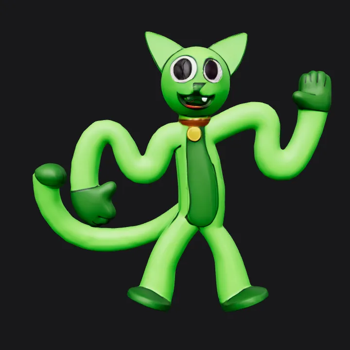 cartoon green cat character in suit. smooth edges, simple geometry, game-ready, character.