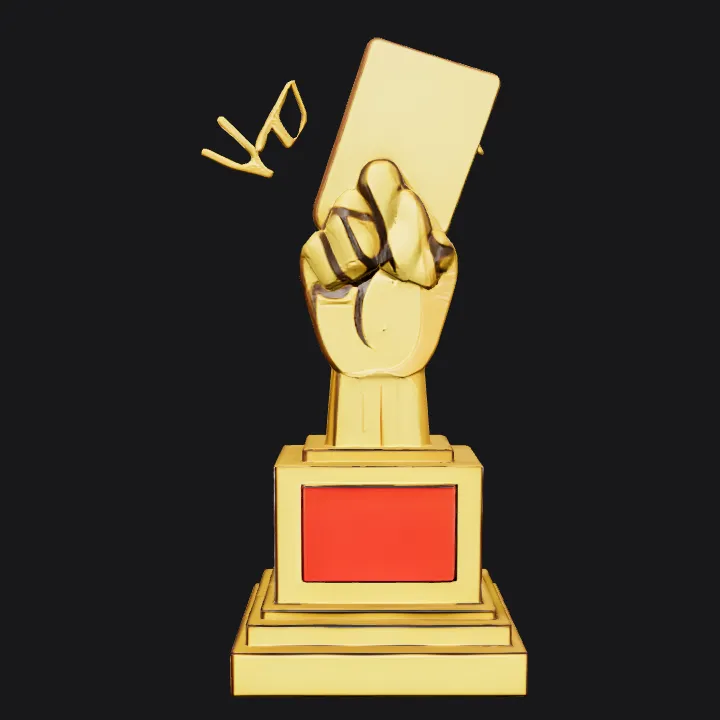 Trophy with hand holding a card. sharp edges, simple geometry.