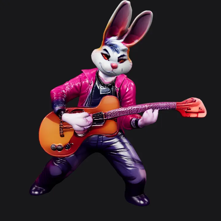 Anthropomorphic rabbit playing electric guitar. complex geometry, game-ready, smooth edges, character.