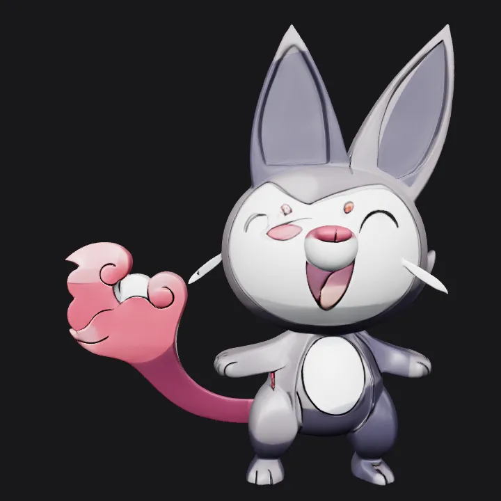 Cartoon squirrel-like character with pink tail. smooth edges, complex geometry, game-ready, character.